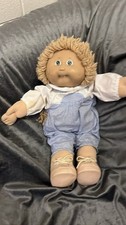 Cabbage Patch Kids Doll Boy Blonde Hair Green Eyes Blue Stripe Overalls