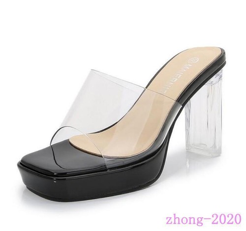 Women Clear Transparent Open Toe Platform Block Heels Slippers Casual Club Mules - Picture 9 of 15