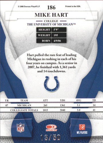 Espejo azul #186 Mike Hart 2008 Leaf Certified Materials/50 - casi nuevo-como nuevo - Imagen 2 de 2