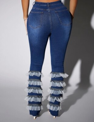 High Waisted Layered Mesh Ruffle Hem Jeans