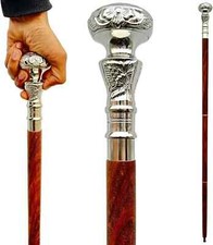 Walking Stick Silver Brass Handle Knob Gift Vintage Antique Walking Cane Wooden