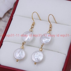 Authentic 11-12mm White Freshwater Coin Pearl Dangle Gold-plated Hook Earrings