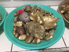 UNIQUE CUTE PET ROCKS, FAKE GOLD NUGGETS IN A GOLD PAN. HANDMADE.