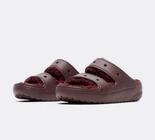 NEW! CROCS CLASSIC COZZZY SANDAL Dark Cherry Fuzzy Fur Lined Slippers Slides