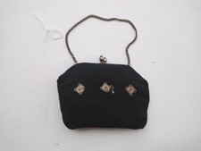 Vintage Black Embroidered Clutch Handbag Purse Metal Chain