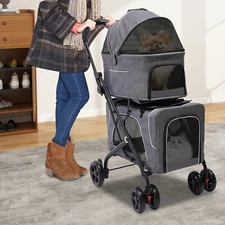 Pet Dog Stroller Travel Carriage 4 Wheels W/ Foldable Carrier Cart & Cup Holder