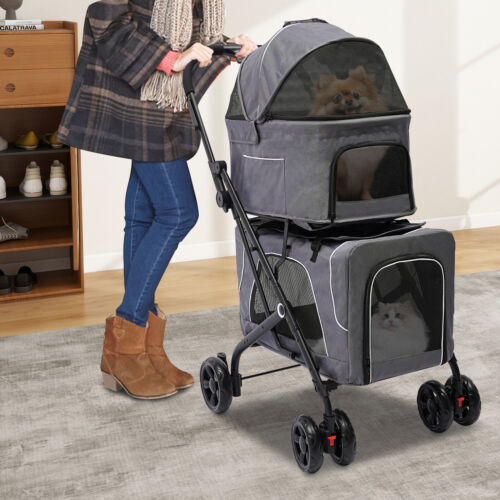 Double Layer Pet Foldable Cart Stroller Fits Cat & Dog w/ 4 Rollers For Outdoor