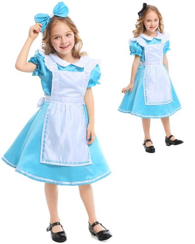 N149 Alice in Wonderland 2 Bows Girls Costume Book Week Fancy Party Dress Child - Picture 2 of 9