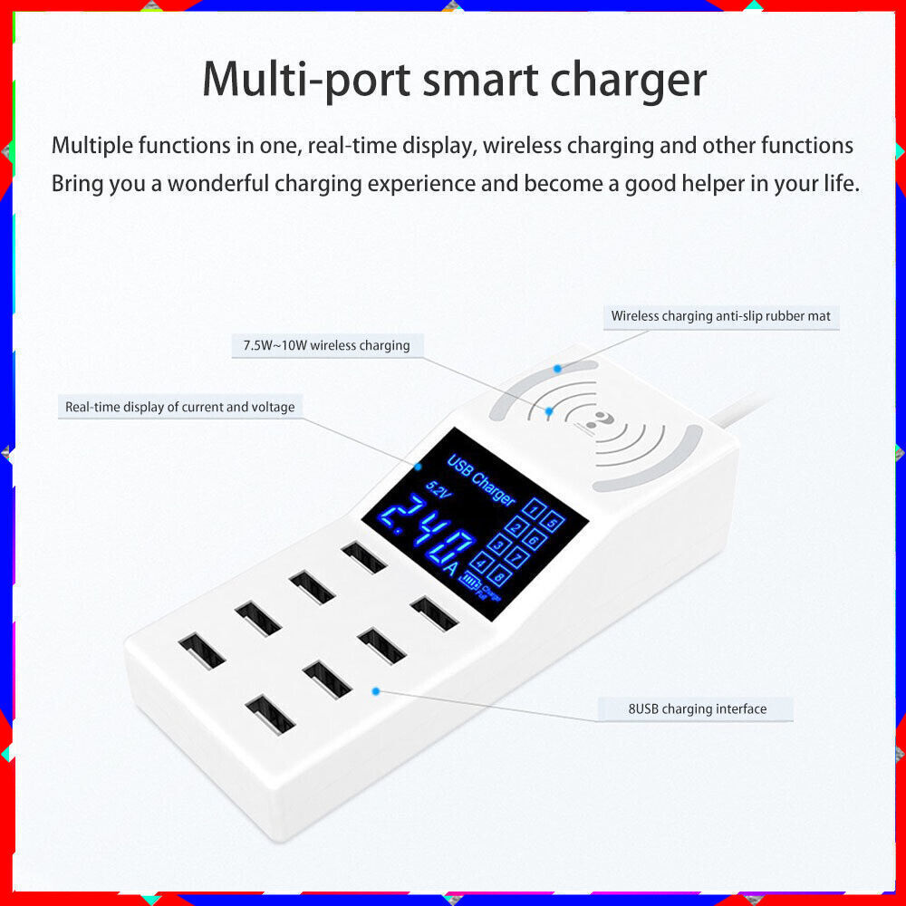 8-Port USB Hub with Wireless Charging Pad & Non-Slip Base 5V8A 8-Port USB Hub with Wireless Charging Pad & Non-Slip Base 5V8A