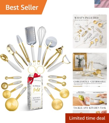 White and Gold Kitchen Utensils Set - 16 PC Gold Kitchen Set Includes Gold Me...