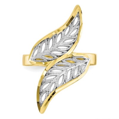 10k feiner massiver zweifarbiger Weiß-/Gelbgold Cut-Out Blatt filigran ausgefallener Ring