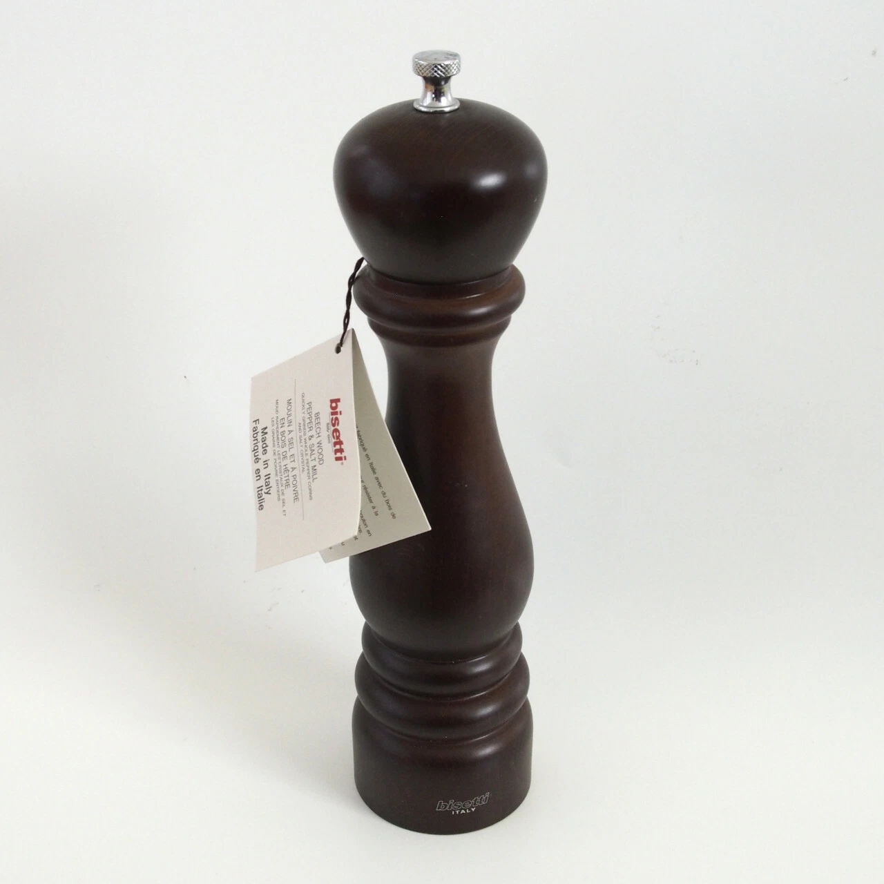 BISETTI Italy Pepper or Salt Beech Wood Mill Grinder, 9.75in Height, Italy, NEW