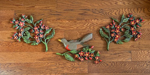 Vintage 1967 MCM Syroco Dogwood Flowers Branch Bird 3 Piece Set Wall Decor
