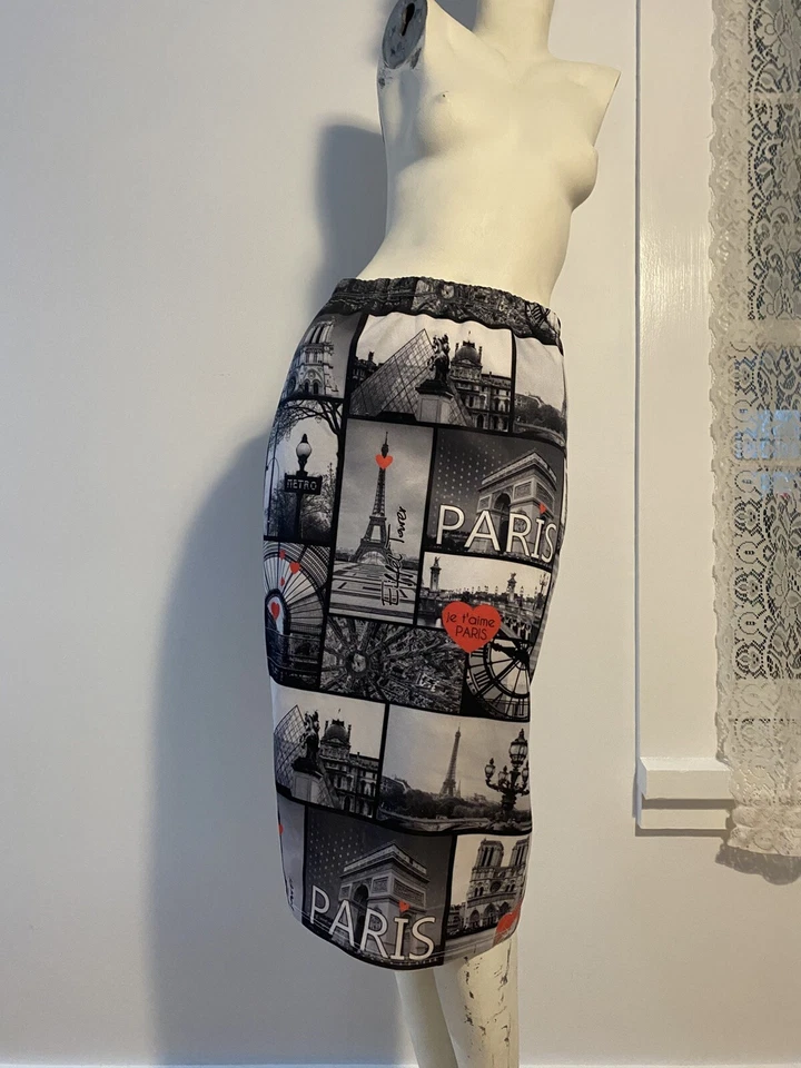 VTG 90s midi body con skirt love paris hearts newsprint photos france punk rock - Image 3 of 4