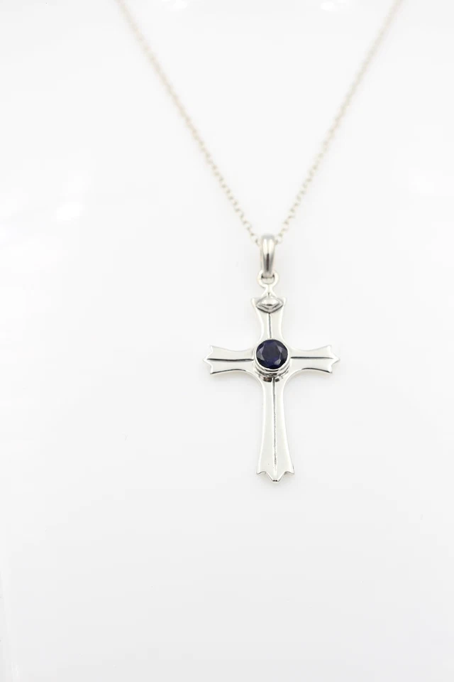 0,36 Carati Iolite Croce Ciondolo 925 Argento Collana Smeraldo Lapislazzuli - Immagine 3 di 4