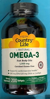 Country Life Omega-3 1000 mg 200 Softgels Gluten-Free EXP 11/2027+ NEW
