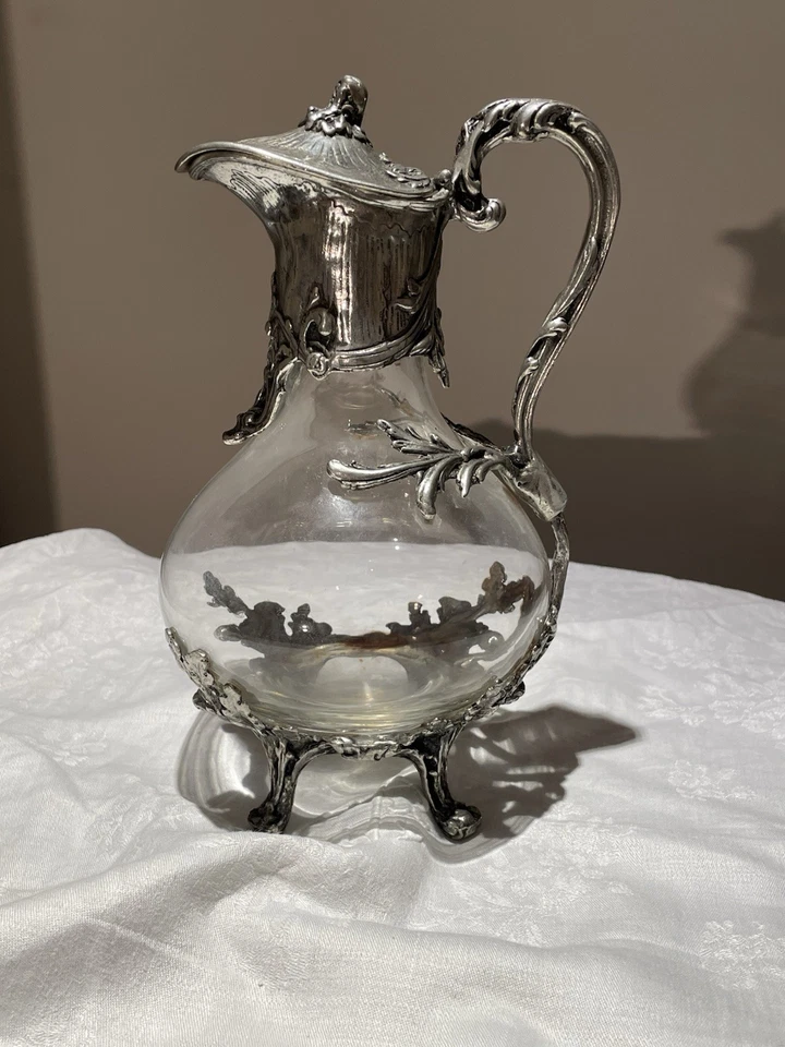 Aiguière Carafe Argent 925 Et Verre Souffler Ancienne 900 Gr - Photo 2/4