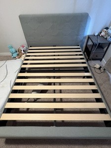 Gray Upholstered Full Platform Bed Frame, Tufted Headboard, Slatted Base