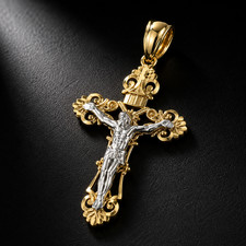 14K TWO TONE GOLD CRUCIFIX CROSS PENDANT REAL SOLID LUXURY RELIGIOUS NECKLACE