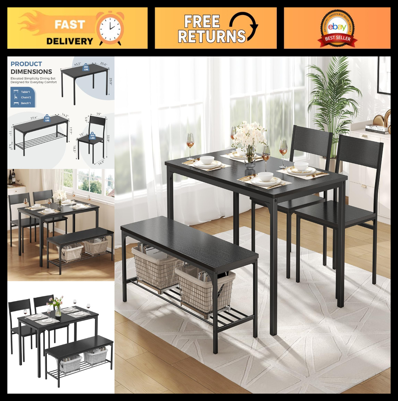 Space-Saving Dining Table Set For 4 With Bench - Kitchen Table For Small Spaces