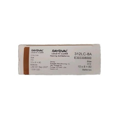 RAYOVAC 312LC-8A LOUD N' CLEAR HEARING AID BATTERIES (80 BATTERIES) EXPIRE 09/27