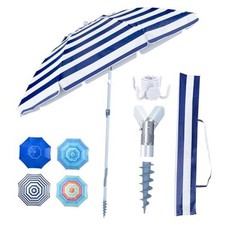 Heavy Duty High Wind Beach Umbrella with Sand Anchor  Carry Blue White Stripe