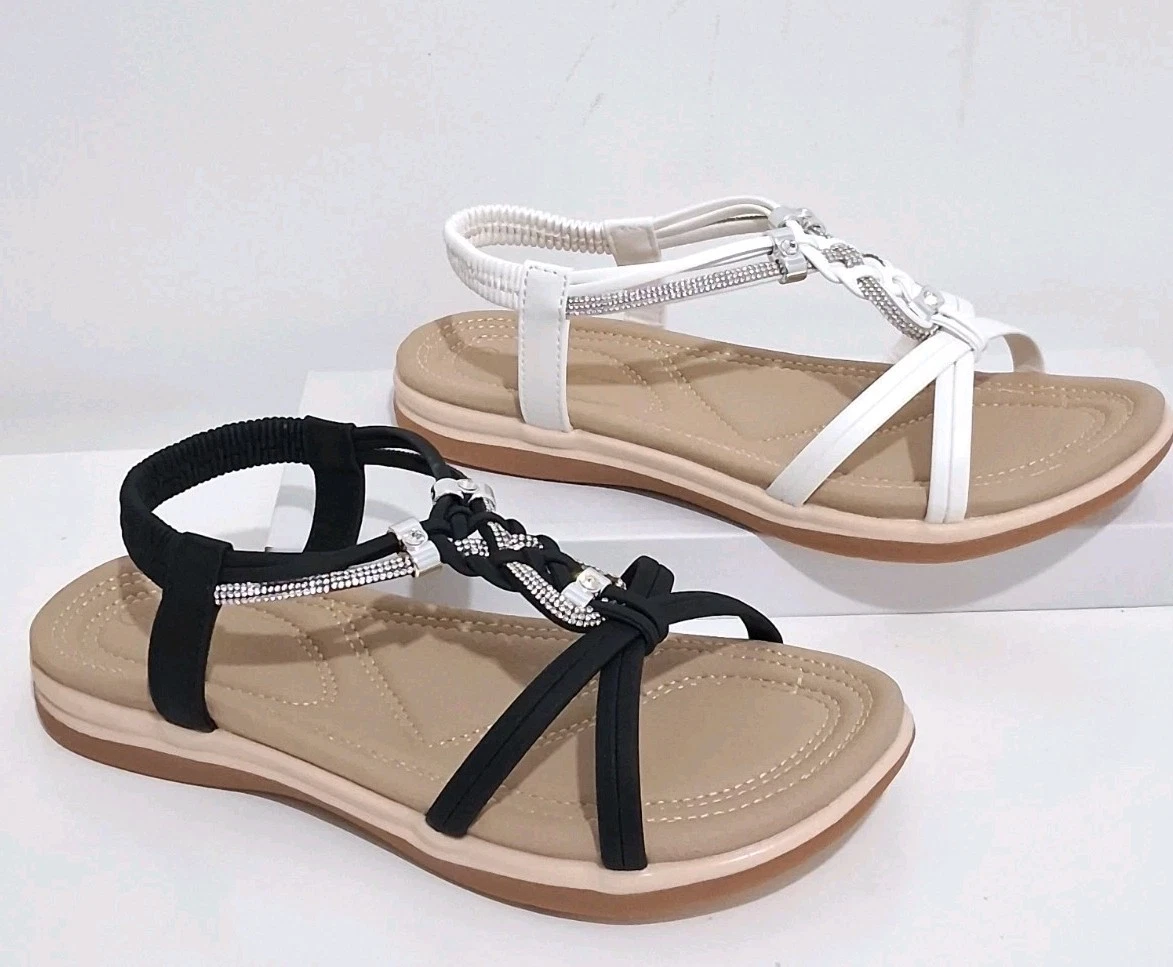 LADIES WOMENS SPARKLY SUMMER SANDALS ELASTIC BACK STRAP FLAT COMFY SHOES SIZE