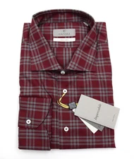 Canali Impeccabile Dress Shirt Mens 18.5 Red Gray Plaid Modern Fit Cotton Italy
