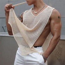 Men Sexy Hollow Out Tank Top Openwork Side Lace Up Vest Top Casual Vest S-3XL