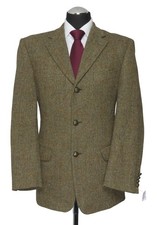 Harris Tweed Giacca 26 Verde Oliva Pesce Monopetto 3-Knopf Bottoni di Pelle Come