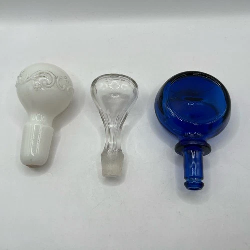 Lot of 3 Vintage Clear Milk Cobalt Glass Bottle Stoppers - Decanter Toppers