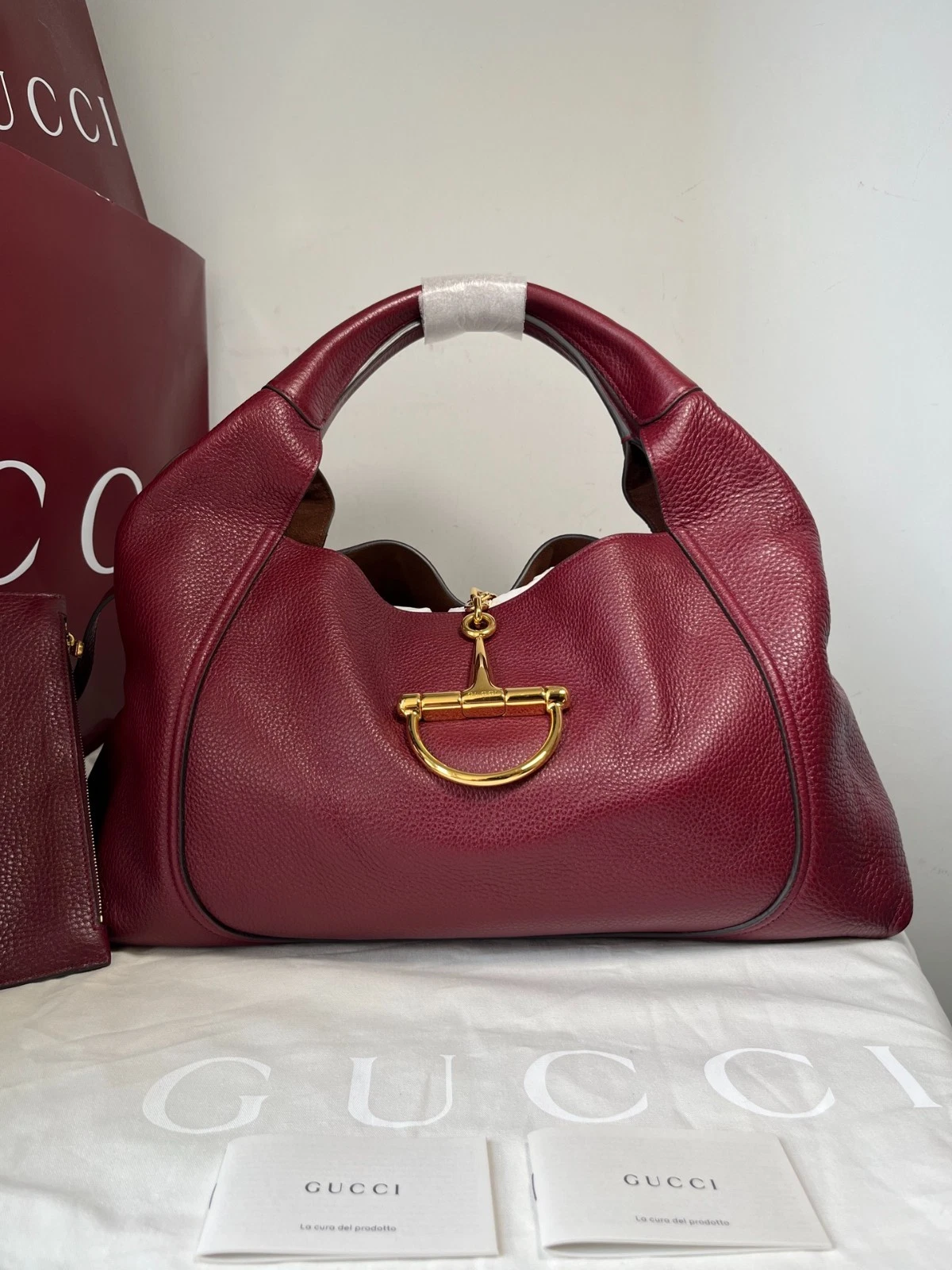 GUCCI Softbit Large Tote Bag Ancora Red Leather Shoulder Handbag Pouch New