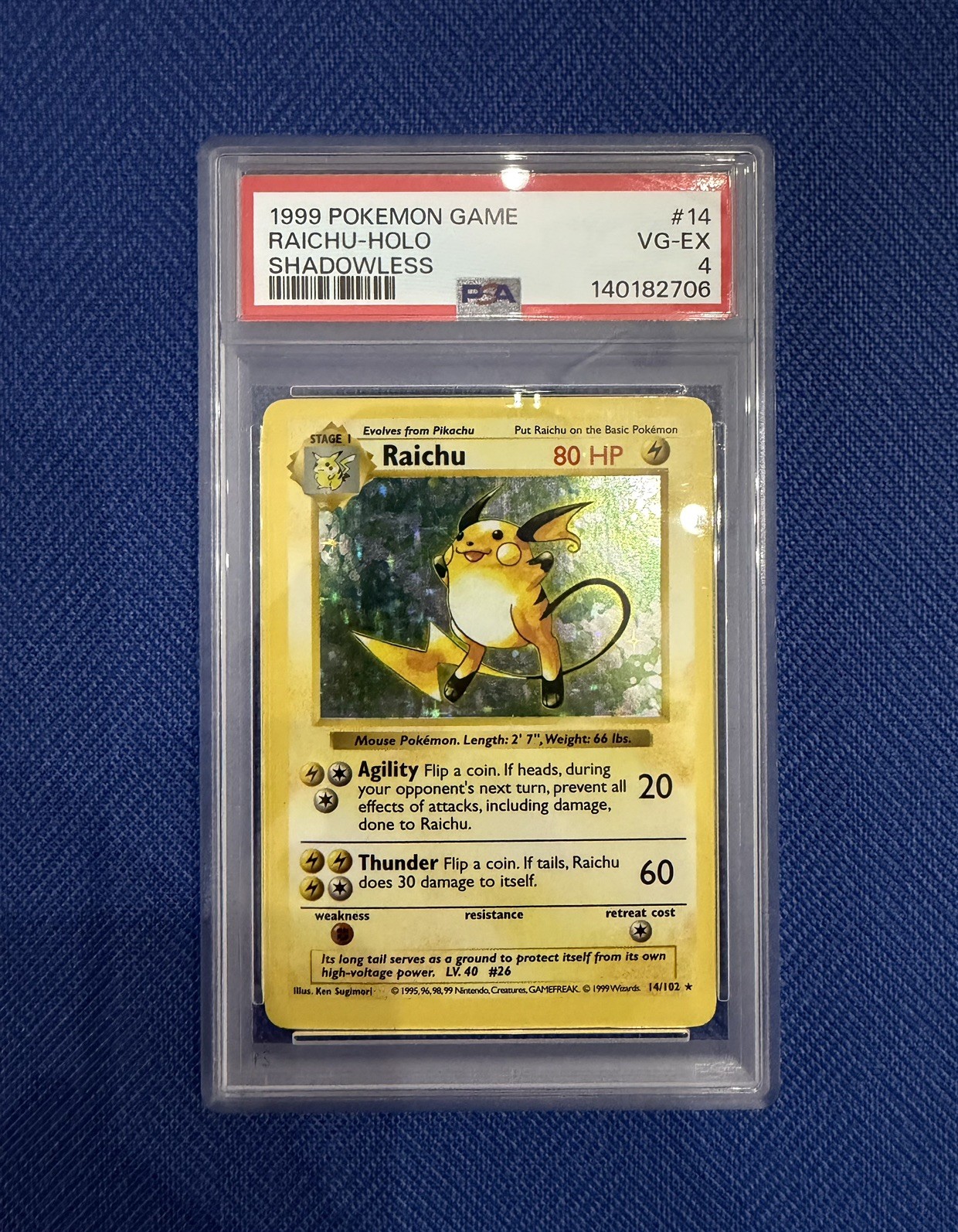 1999 POKEMON BASE SET SHADOWLESS #14 RAICHU-HOLO PSA 4