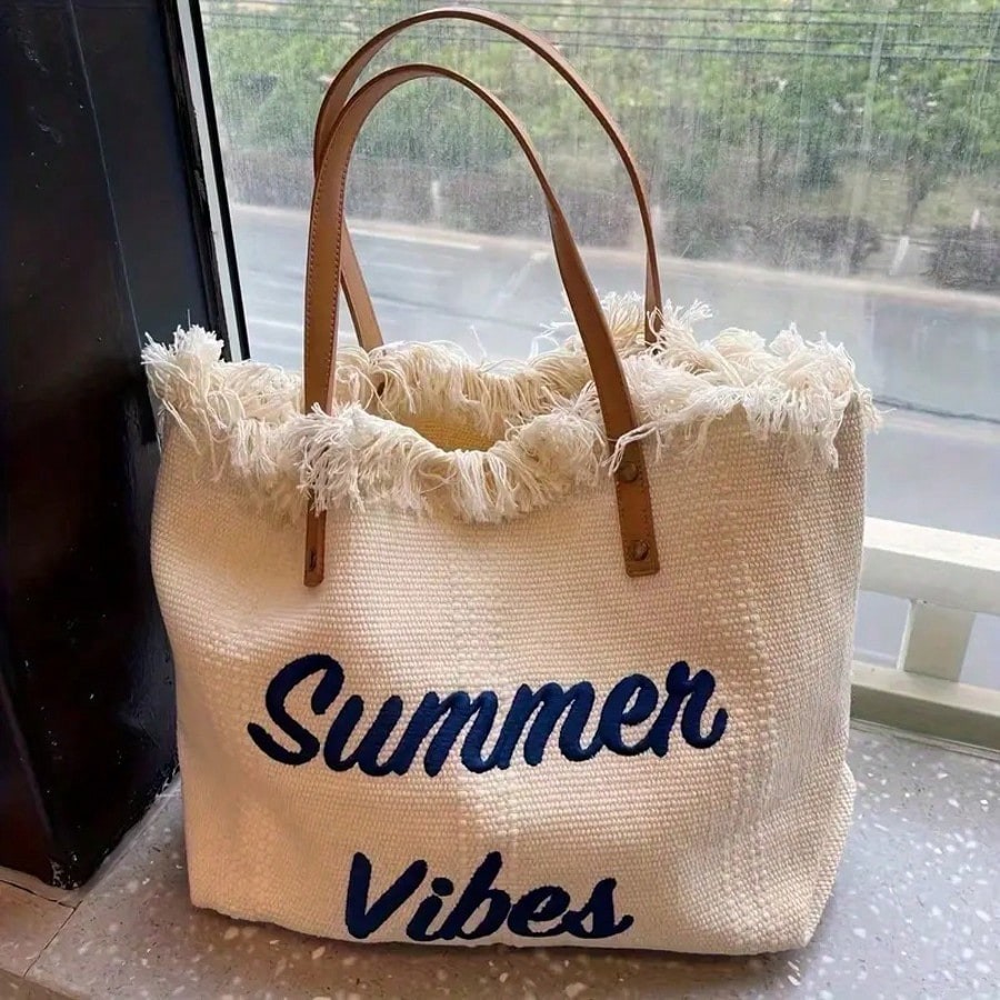Women's Summer Vibes Embroidered Tote Bag – Large Capacity Beach Bag with Tassel