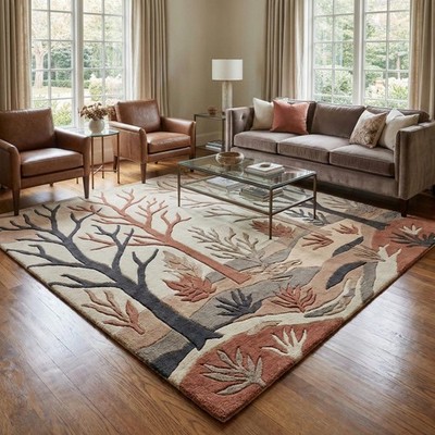 Hand Tufted Wool Rug Abstract Forest Tree Design 3D Carved Area Rug Large Carpet