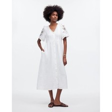 Madewell White Linen Button Front Midi Dress Eyelet Sleeve Summer XS NWOT