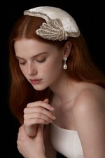 Vintage 60s Ivory Velvet Skull Cap Hat Beaded Womens MOD Gatsby Wedding