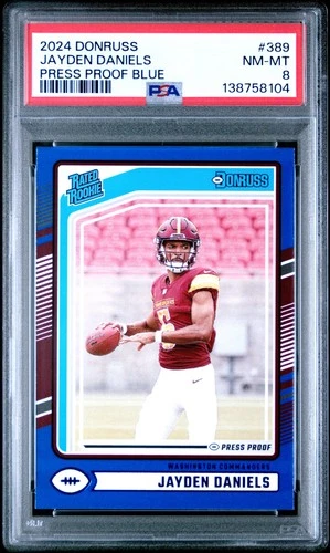 2024 PANINI DONRUSS PRESS PROOF BLUE #389 JAYDEN DANIELS ROOKIE RC PSA 8