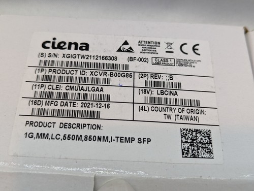 🔥2 x New🔥 Ciena XCVR-B00G85, 1G, MM,LC, 550M, 850nm, I-Temp SFP Transceiver - Picture 3 of 5