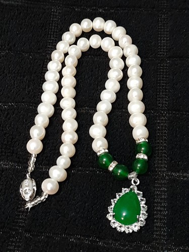 Fresh Water Pearls & Jade 925 Sterling Silver Necklace Hand Strung Pearl Jewelry - Picture 5 of 6