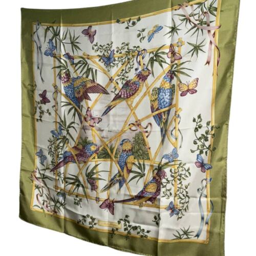 Salvatore Ferragamo Parrots & Butterflies Print 100% Silk Scarf Olive Cream NWT - Picture 12 of 20