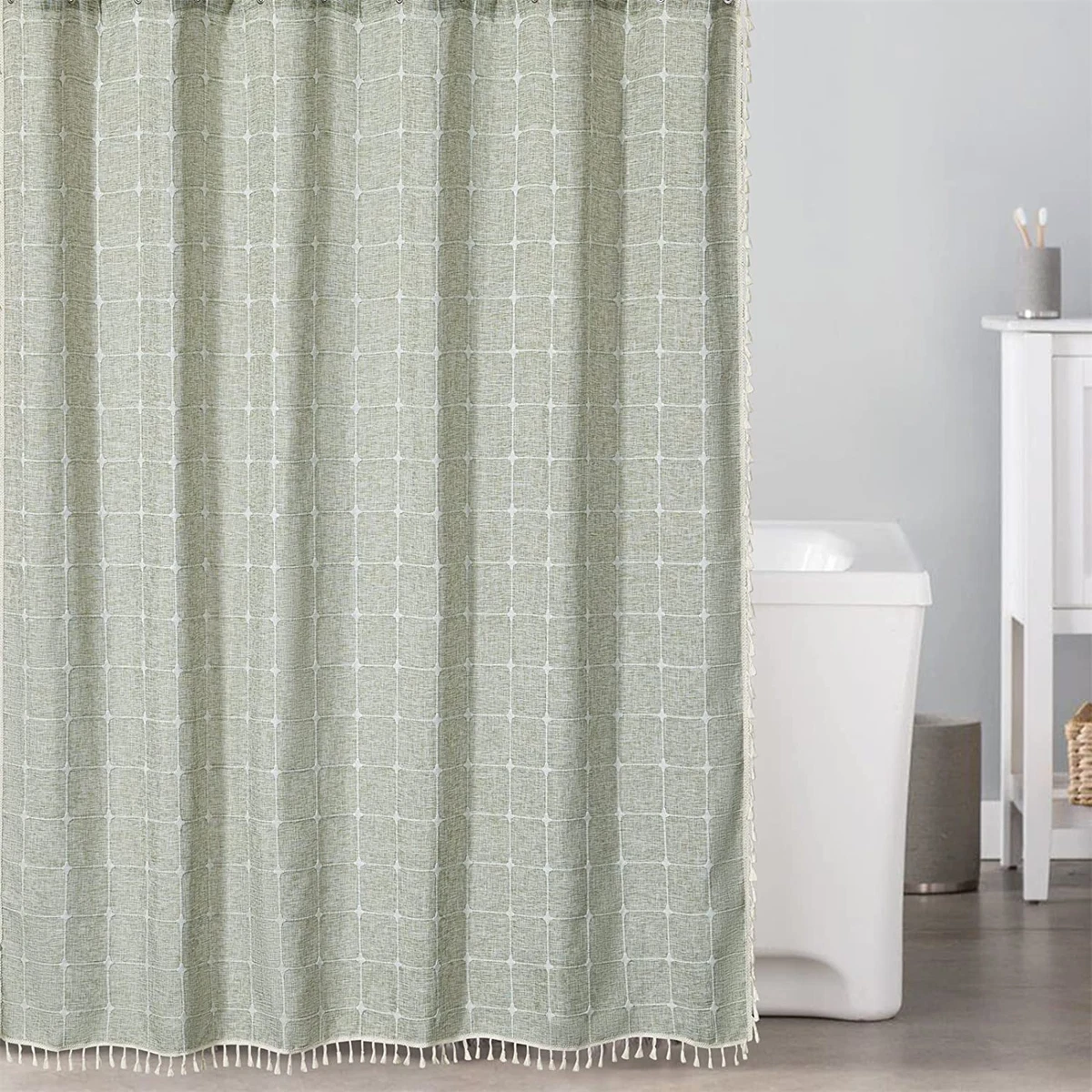 Extra Long Light Green Boho Farmhouse Shower Curtain 84 Inches