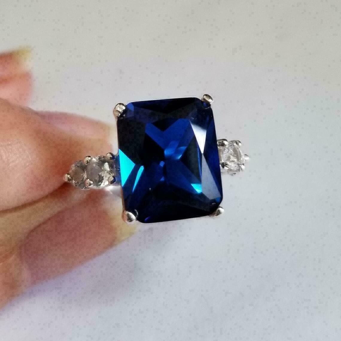 5Ct Simulated Sapphire Diamond Ring in 14K White Gold Plated Silver