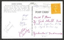 USA #603 COIL STAMP NEW YORK TO JAKARTA INDONESIA UNITED NATIONS POSTCARD 1960