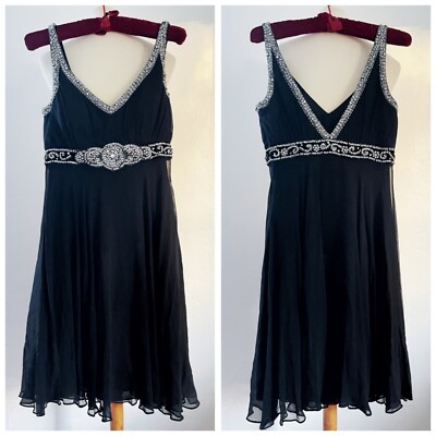 VTG Y2K Basix II Black Beaded Empire Silk Jeweled Sparkle Cocktail Dress Sz 4