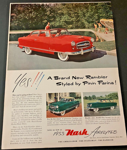 1953 Nash AirFlyte Rambler by Pinin Farina - Vintage Color Print Ad / Wall Art