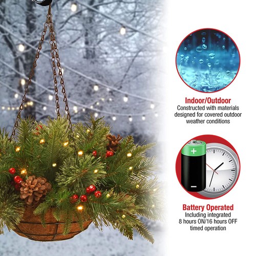 National Tree Company Pre-Lit Feel Real Artificial Christmas Hanging Basket 20in - Picture 6 of 7