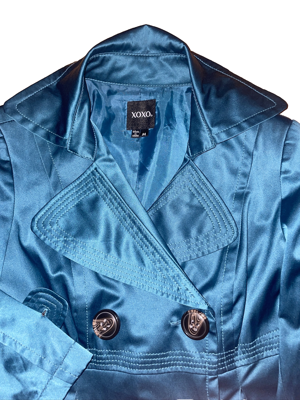 XOXO Peacock Green Blue Double Button Trench Coat Medium-image