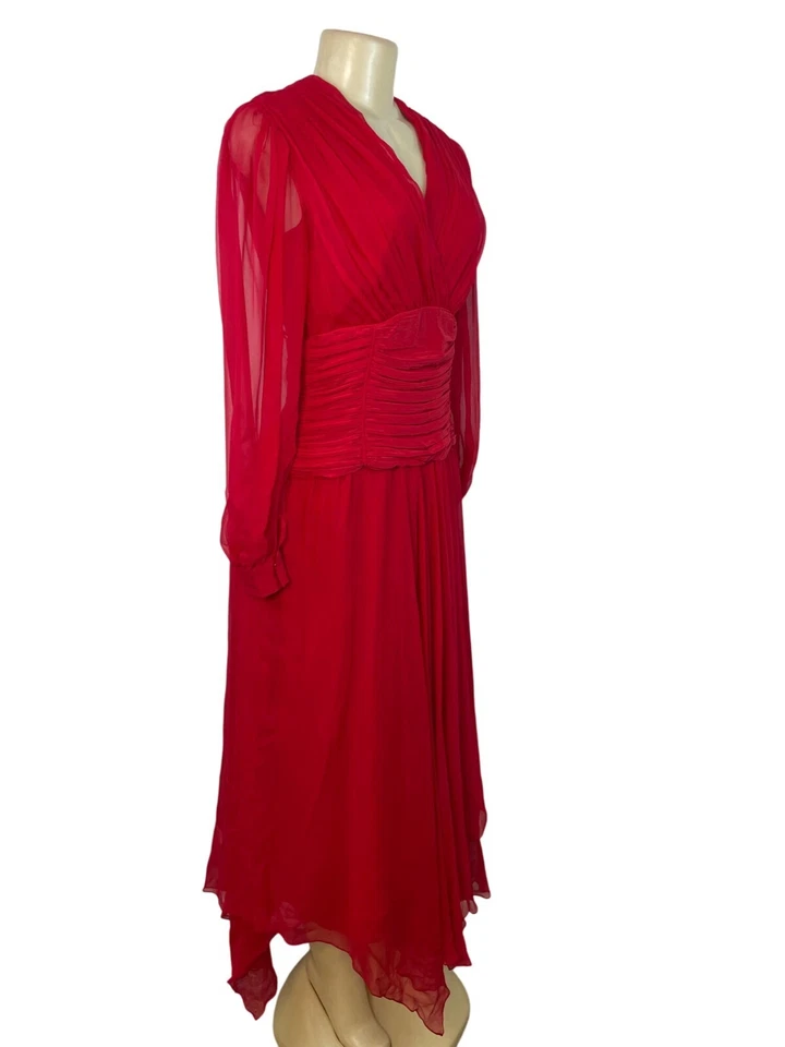 Винтажный красный длинным рукавом шифоновое платье со складками надежном лиф Sz 10 - Изображение 2 из 4