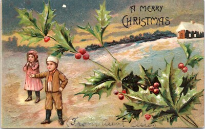Postcard F & Co Series 35 - A Merry Christmas - Children in snow with Holly
